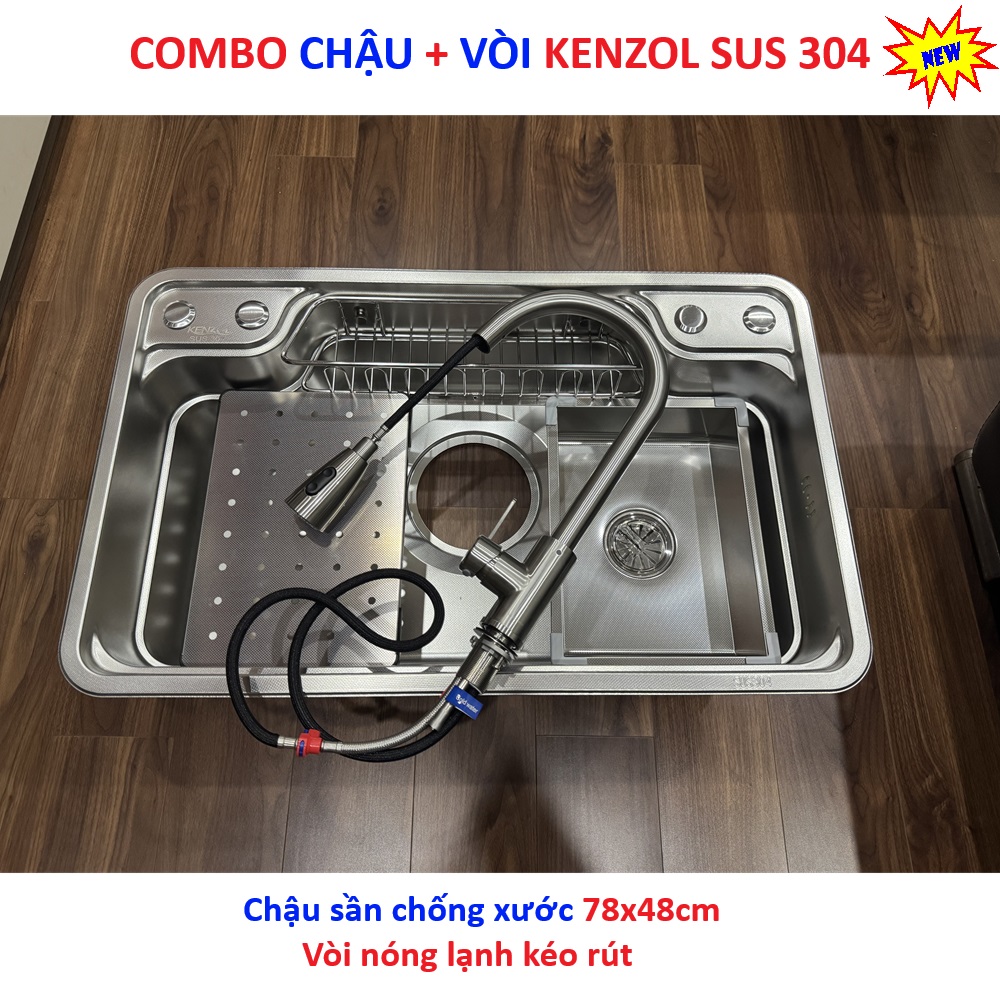 Combo chậu sần 1 hố + vòi rút Kenzol inox 304