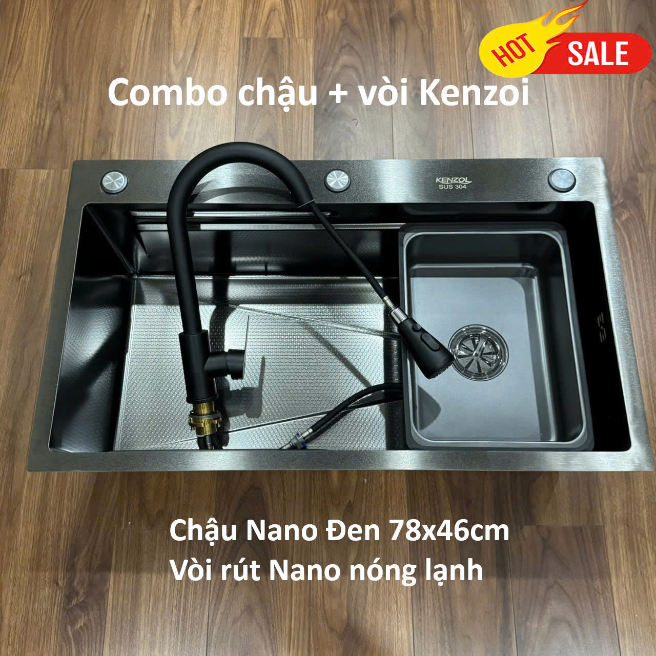 Combo chậu Nano Đen Kenzol 78x46cm + vòi kéo rút